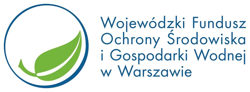 Logo Wojewódzkiego Funduszu Ochrony Środowiska i Gospodarki Wodnej w Warszawie z zielonym liściem w niebieskim okręgu obok nazwy instytucji.