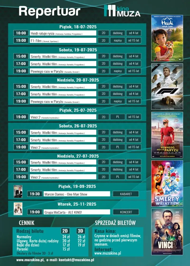 Repertuar kina Muza na lipiec, wrzesień i listopad 2025 z filmami animowanymi, dramatami, komediami, koncertem i kabaretem oraz cennikiem biletów.
