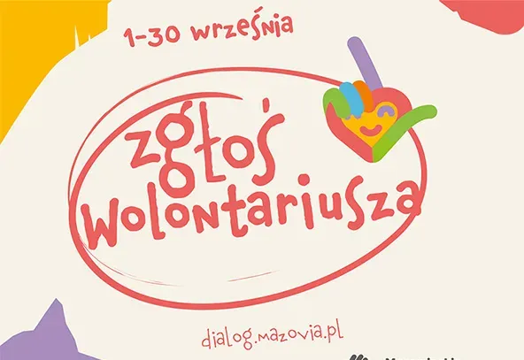 Plakat promujący akcję zgłaszania wolontariuszy, z datami 1-30 września oraz adresem strony internetowej.