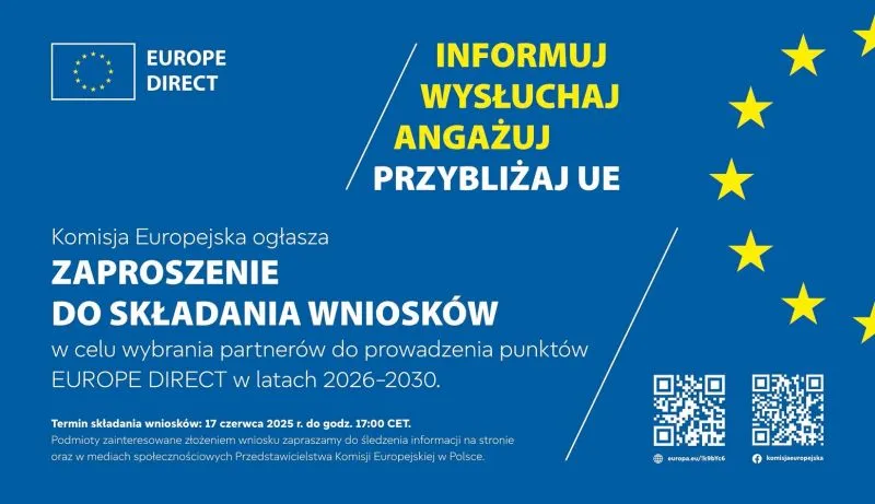 Niebieskie tło z logo EU i tekstem zaproszenia Komisji Europejskiej do składania wniosków na partnerów punktów Europe Direct na lata 2026-2030 oraz kodami QR.
