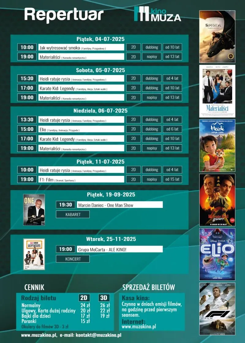 Harmonogram seansów kinowych i wydarzeń kulturalnych z datami, godzinami, tytułami filmów, wersjami językowymi, kategoriami wiekowymi oraz cennikiem biletów w kinie Muza.