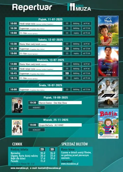 Rozkład seansów filmowych, daty i godziny projekcji wraz z kategorią wiekową oraz informacjami o dubbingu i napisach w kinie Muza.
