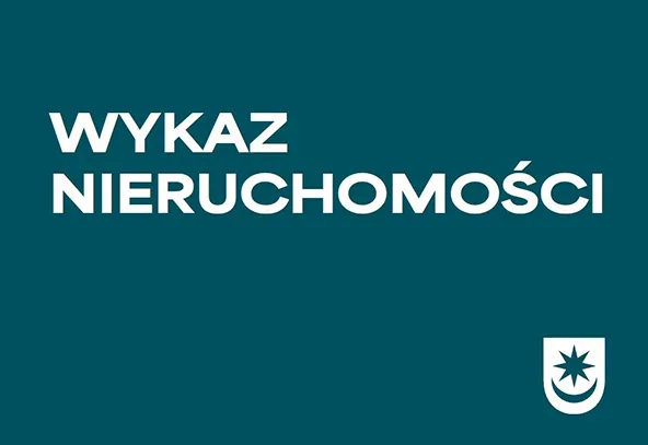 Napis „Wykaz nieruchomości” na ciemnoniebieskim tle z białym symbolem w prawym dolnym rogu.