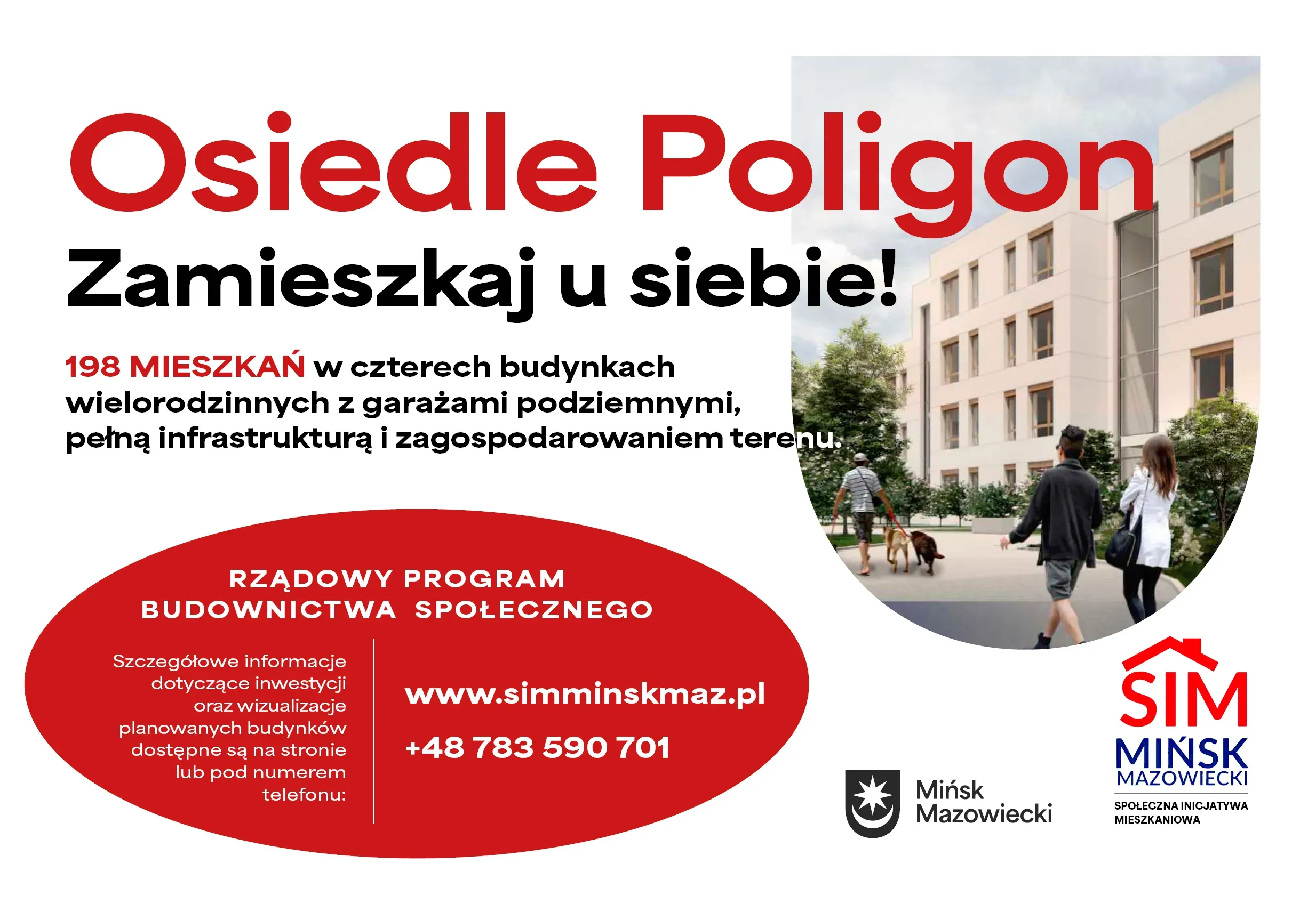 Na górze, z prawej  wizualizacja osiedla mieszkaniowego z dwójką osób idących chodnikiem przy nowoczesnym obok napisy na białym i czerwonym tle.