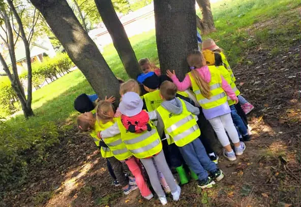 Grupa dzieci w kamizelkach odblaskowych stoi dookoła dużego drzewa w lesie podczas dnia.