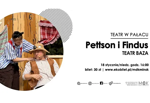 Po lewej w kole dwóch aktorów w kostiumach na scenie teatralnej. Jeden ubrany w pasiastą koszulę z krótkim rękawem i ciemne spodnie, ma na głowie opaskę z uszami. Drugi w jasnej koszuli, kamizelce i kapeluszu z dużym guzikiem. Scena udekorowana drewnianą ścianą i czerwoną kratowaną zasłoną. Po prawej stronie na białym tle tekst informujący o przedstawieniu.