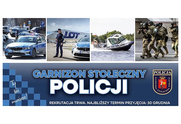 Cztery zdjęcia przedstawiające policję: radiowóz na ulicy, policjantka stojąca przy samochodzie policyjnym na lotnisku, policyjna łódź na wodzie, czterech umundurowanych funkcjonariuszy z bronią. Pod spodem napis dotyczący rekrutacji do garnizonu stołecznego policji na ciemnoniebieskim tle z herbem policji.