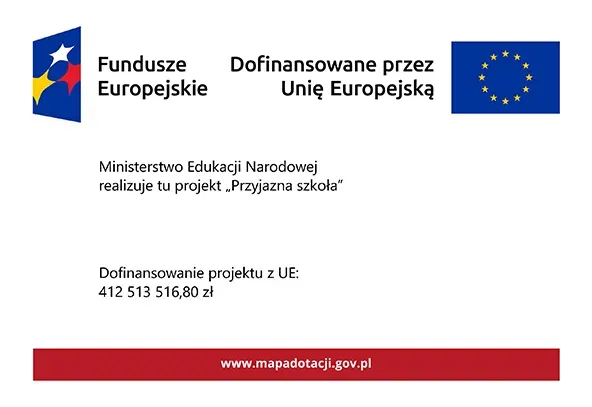 Na białym tle na górze logotypy Funduszy Europejskich po lewej i flagi Unii Europejskiej po prawej. Po środku informacje. Na dole czerwony pasek z linkiem.