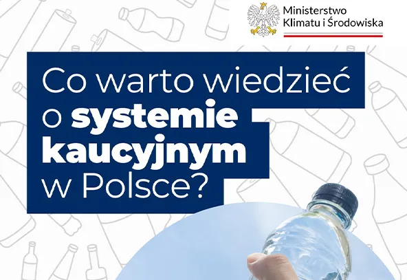 Informacja Ministerstwa Klimatu i Środowiska o systemie kaucyjnym w Polsce z grafiką ręki trzymającej plastikową butelkę.