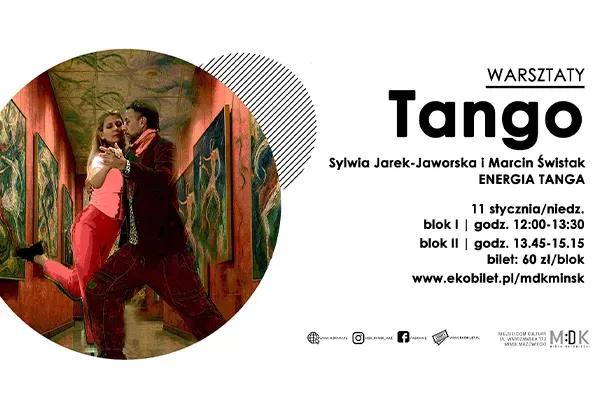 Po lewej w kole para tańczy tango w wąskim korytarzu z czerwonymi ścianami ozdobionymi abstrakcyjnymi obrazami. Po prawej stronie znajduje się na białym tle tekst informujący o warsztatach tangowych