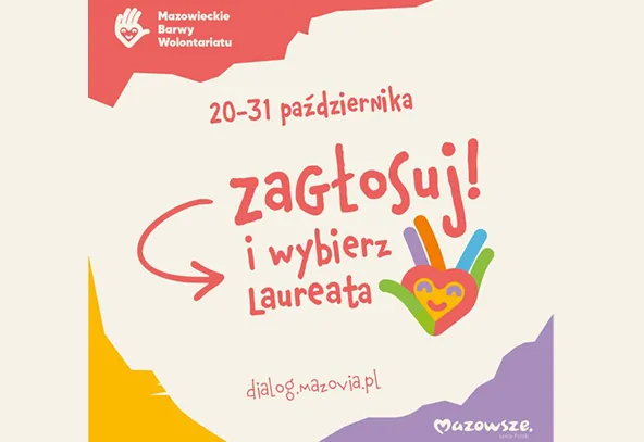 Plakat z informacją o głosowaniu na laureata w dniach 20-31 października, z kolorowym sercem w kształcie dłoni i logo Mazowieckie Barwy Wolontariatu oraz Mazowsze na tle kremowym z pomarańczowym i fioletowym akcentem.