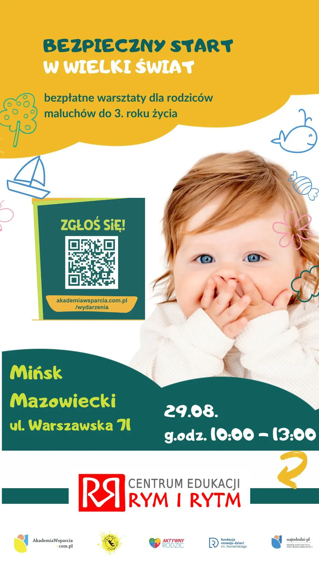 Uśmiechnięte niemowlę trzymające ręce przy ustach na tle napisu o bezpłatnych warsztatach dla rodziców dzieci do 3 lat organizowanych w Mińsku Mazowieckim.