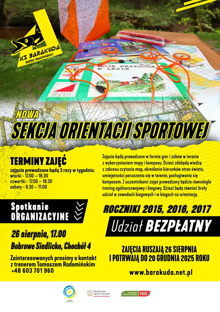 Plakaty ogłaszające nową sekcję orientacji sportowej w KS Barakuda z terminami zajęć, datą spotkania organizacyjnego i informacjami kontaktowymi.