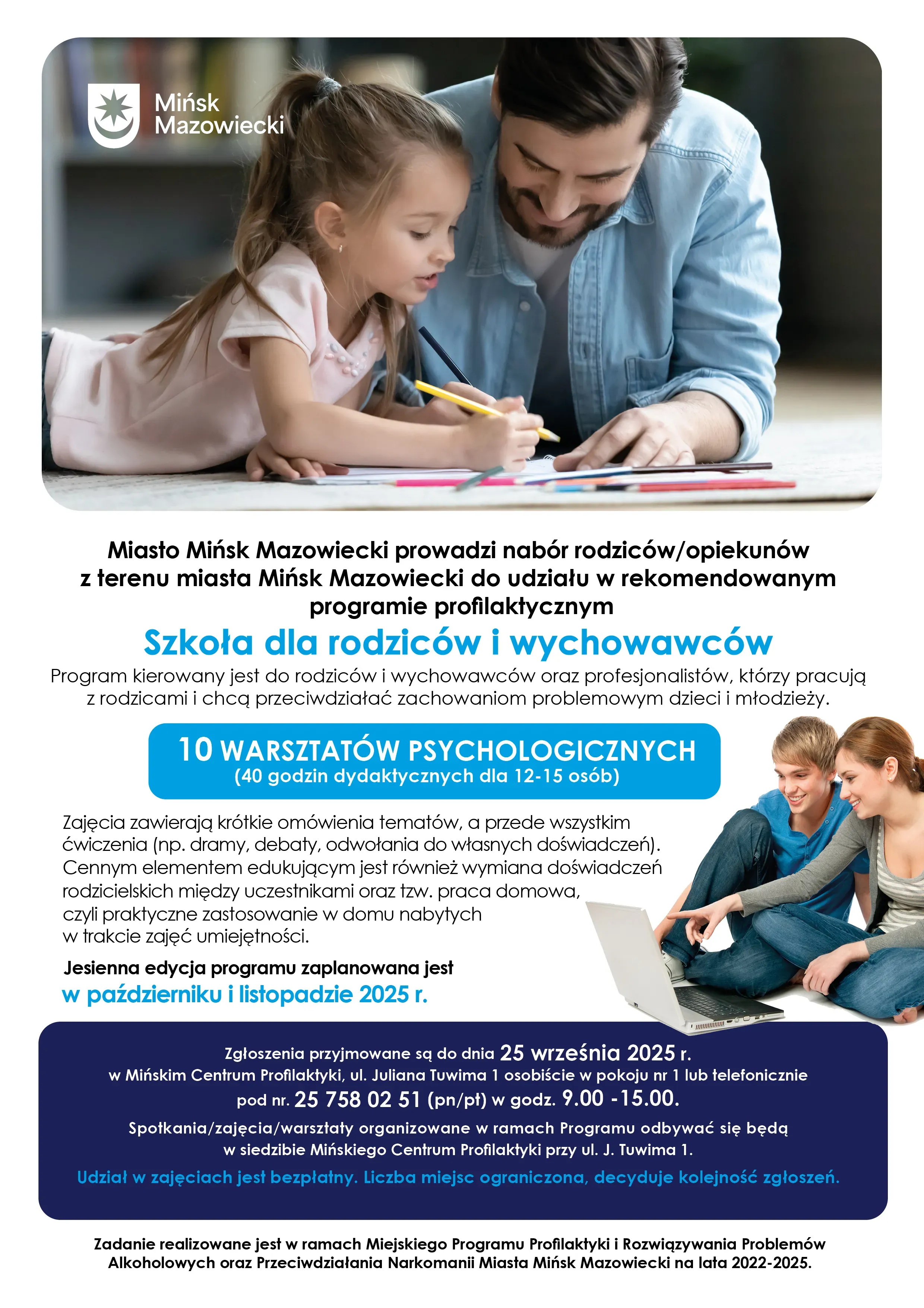 Na białym tle inforamcje. Na górze mężczyzna i dziewczynka leżą na podłodze i wspólnie rysują. Po prawej nastolatek i kobieta siedzą przy laptopie.