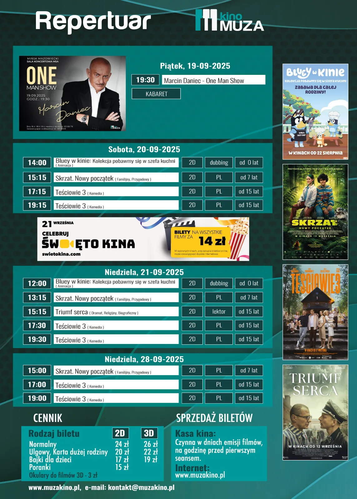 Repertuar Kina Muza na dni 19, 20, 21 i 28 września 2025 wraz z godzinami seansów, tytułami filmów, gatunkami, wersjami językowymi i cenami biletów oraz informacjami o sprzedaży i kontakcie.