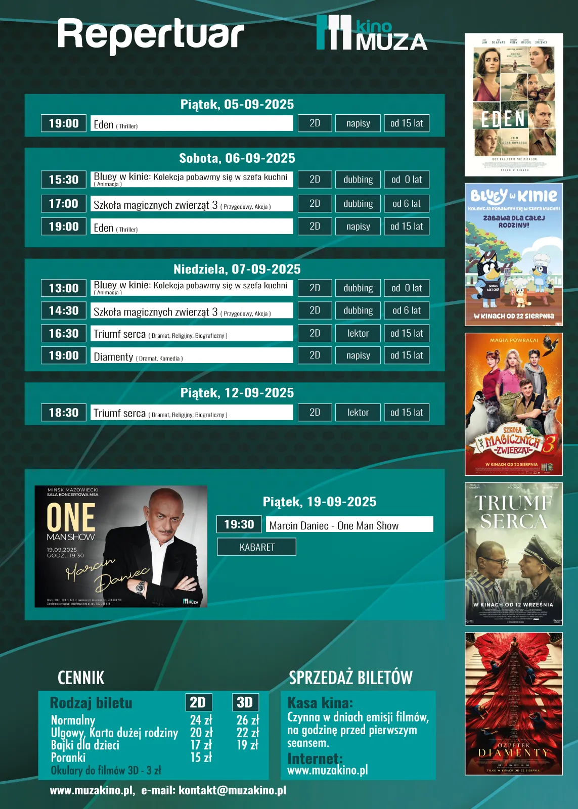 Repertuar kina Muza z datami, godzinami, tytułami filmów i informacjami o formacie i wieku widzów od 5 do 19 września 2025, z cennikiem biletów i sprzedażą oraz plakatami filmów po prawej stronie.