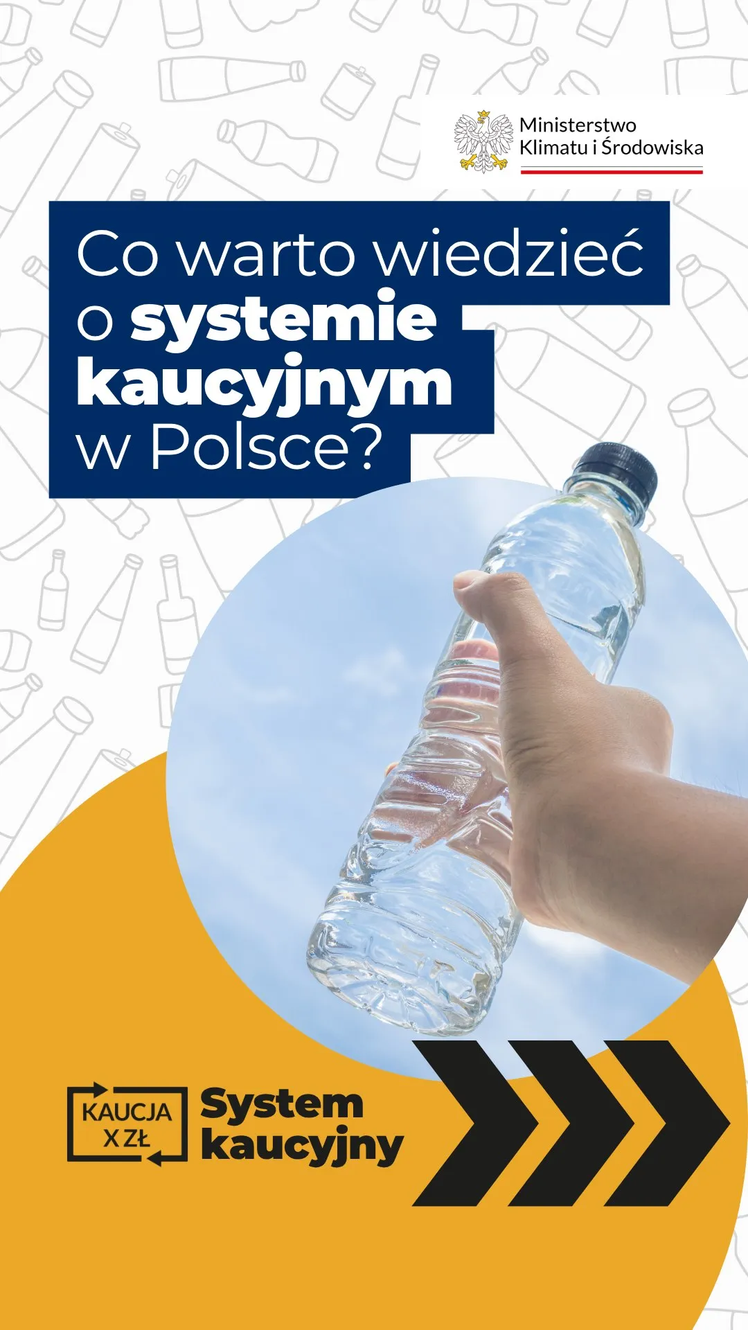 Grafika z napisem dotyczącym systemu kaucyjnego w Polsce, pokazująca dłoń trzymającą plastikową butelkę na tle nieba, z logo Ministerstwa Klimatu i Środowiska.
