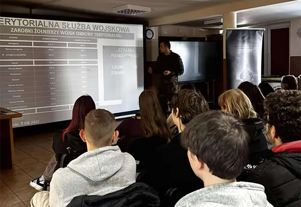 Grupa młodych osób siedzi w sali wykładowej zwrócona w stronę ekranu z wyświetloną prezentacją o wynagrodzeniach żołnierzy Wojsk Obrony Terytorialnej. Przy ekranie stoi osoba mówiąca. Wnętrze jest oświetlone sztucznie.